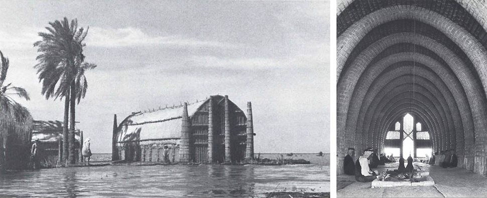 "Sitting in the Euphrates mudhifs I always had the impression of being inside a Romanesque or Gothic cathedral, an illusion enhanced by the ribbed roof and the traceried windows at either end, through which bright shafts of light came to penetrate the gloom of the interior Both on the Euphrates and on the Tigris the mudhifs represented an extraordinary architectural achievement with the simplest possible materials; the effect of enrichment given by the reed patterns, came entirely from functional methods of construction. Historically, too, they were important. Long familiarity with houses such as these may well have given man the idea of imitating their arched form in mud bricks, as the Greeks later perpetuated wooden techniques in stone. Buildings similar to these mudhifs have been part of the scene in Southern Iraq for five thousand years and more. Probably within the next twenty years, certainly within the next fifty, the will have disappeared for ever."