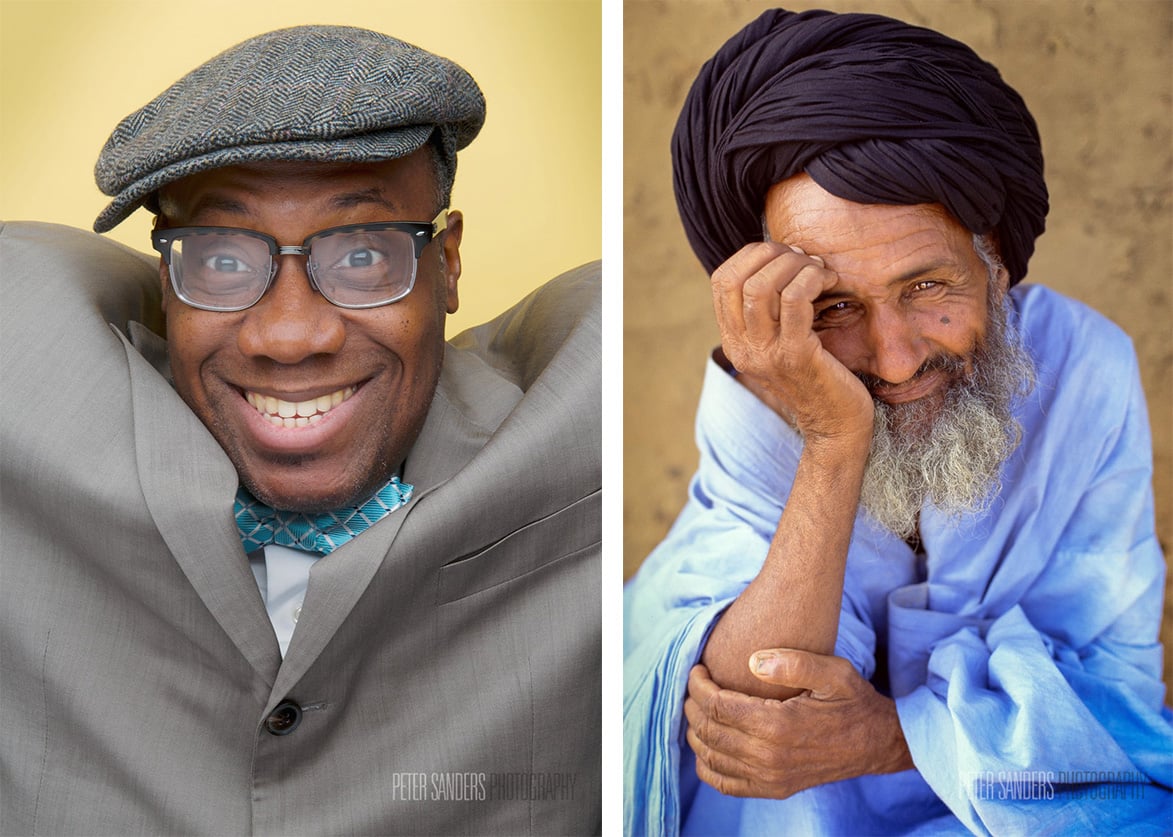 Left Preacher Moss of American standup-comedy troupe Allah Made Me Funny poses in Peter Sanders’ London studio in 2014. Right Sanders fondly describes Muhammad Ali of Mauritania as “gifted with incredible knowledge of astronomy... . When I asked him if I could take his portrait, he adopted the pose you see without any direction from me. I never forgot him, and he never forgot me.”