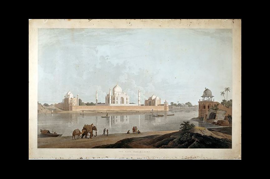 An aquatint by English landscape painter Thomas Daniell depicts the Taj Mahal. Daniell traveled India with his nephew William Daniell, drawing scenes from across the country and later publishing them in a multivolume collection, Oriental Scenery, 1795 and 1808.