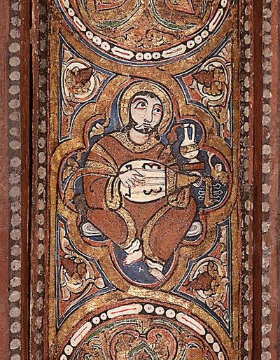 A painted image of an ‘ud player on the ceiling in the Cappella Palatina, Palermo, Sicily (1130 CE-ca. 1143 CE), reproduced from Beat Brenk (ed.), 2010.