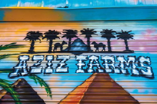 A spray-painted logo on the loading dock of Aziz Farms references its Arab roots. 