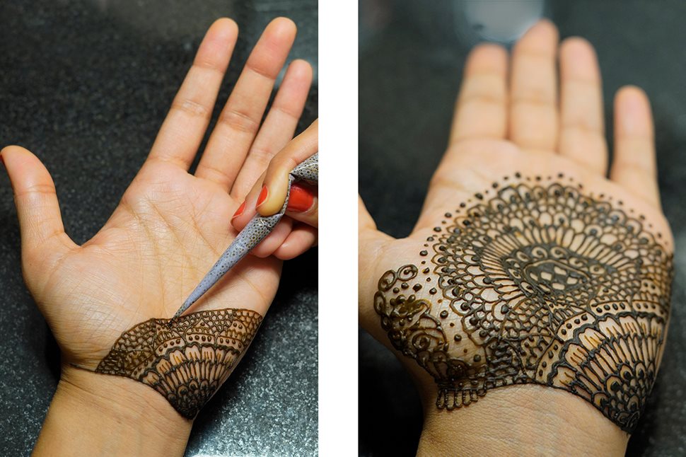 For best results, henna should typically stay on the skin for at least four to six hours. After scraping off the dried henna paste, avoid washing the area with water for up to a day to allow the stain to develop fully, which can take 24 to 48 hours.