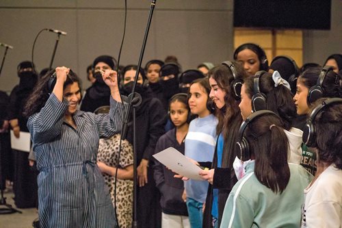 The sound component of “Shifting Sands: A Battle Song” consists of two recordings, one of which features 1,000 women in three cities who hummed and chanted in harmony with the other, a recording of “singing” sand dunes. 